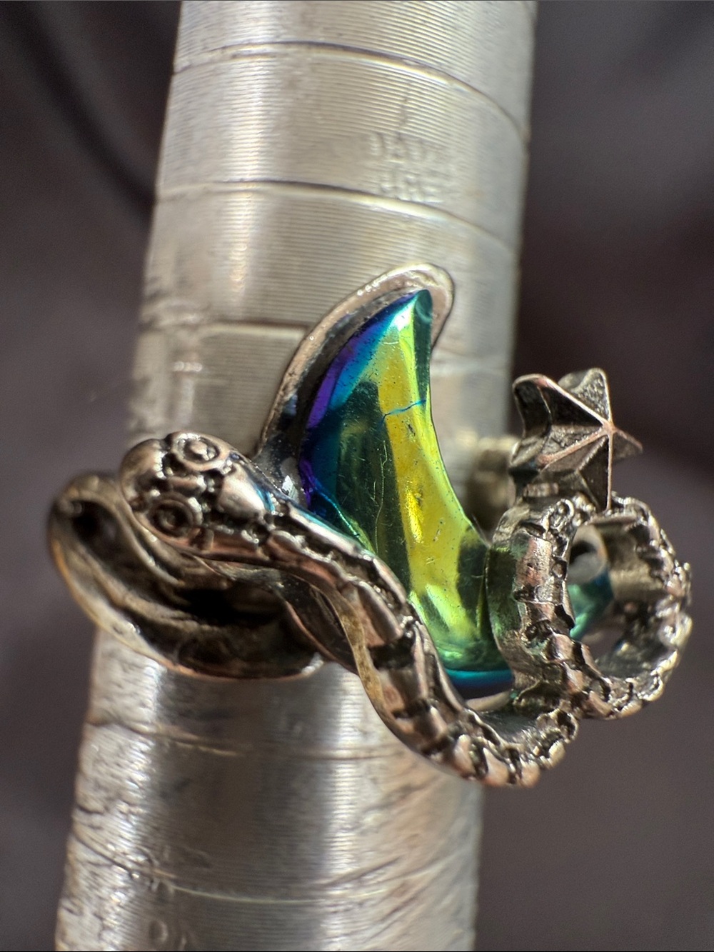 Celestial Crescent Moon and Star Ring in Iridescent Blue-Green